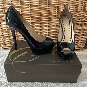 Enzo Angiolini Black Patent Leather Peep Toe Heels, Size 8.5W